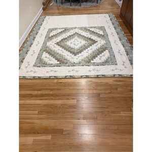 Vintage JCPenney Home King Quilt Patchwork Embroidered Green Cream 102x114